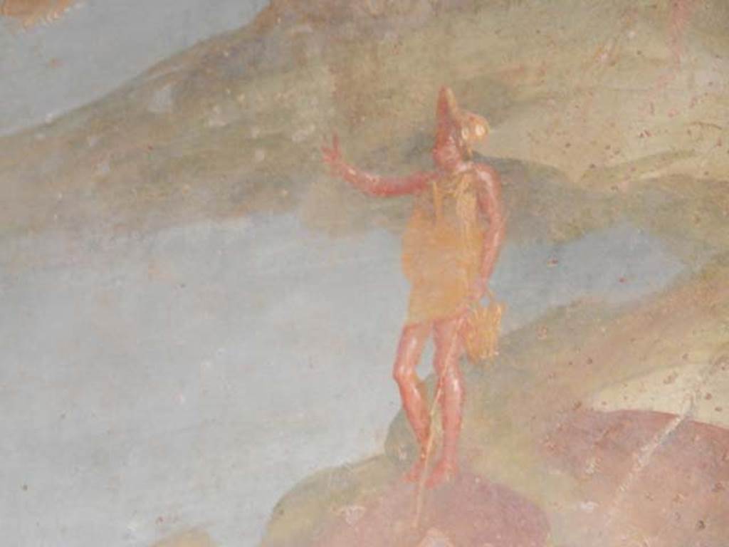 VI.8.23 Pompeii. May 2017. Detail of the fisherman holding out his right arm, and holding a bucket and fishing rod in his left hand, from the west side of river landscape on upper north wall of portico.  Photo courtesy of Buzz Ferebee.
