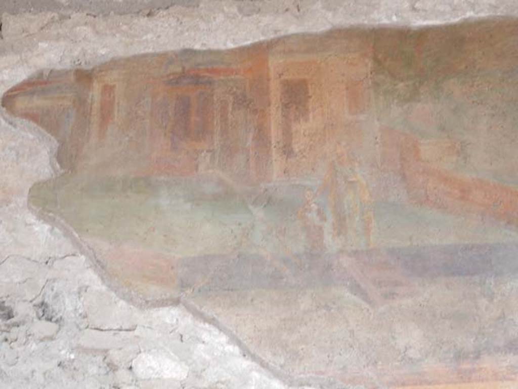 VI.8.23 Pompeii. May 2017. Detail from east end of river landscape, in front of several buildings and temples, above a stairway there is a woman with a long robe, probably a priestess, with a small attendant.  Photo courtesy of Buzz Ferebee.
