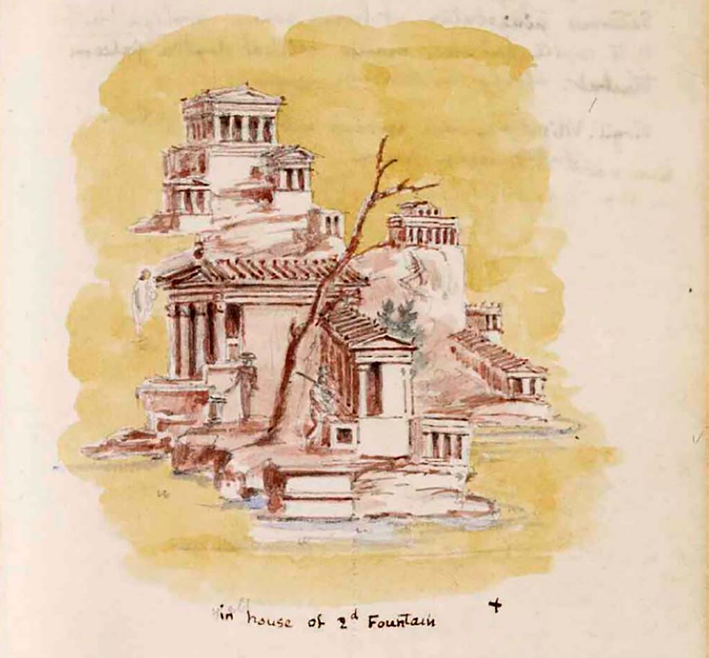 VI.8.23 Pompeii. c.1830. Drawing by Gell, which he clearly states was in the house of 2nd fountain.
See Gell, W. Sketchbook of Pompeii, c.1830. 
See book from Van Der Poel Campanian Collection on Getty website http://hdl.handle.net/10020/2002m16b425
We have been unable to find it on the walls from which in his book he says a large amount of the plaster was already missing.
However, in his 1837 book Gell states: This subject is painted in a yellow panel in the hospitium of the house of the lesser fountain of shells.
See Gell, W, 1837. Pompeiana. London: Lewis A. Lewis, Part 1, p. 192, Part 2, p. 176 and explanation of Vignette 21.  

