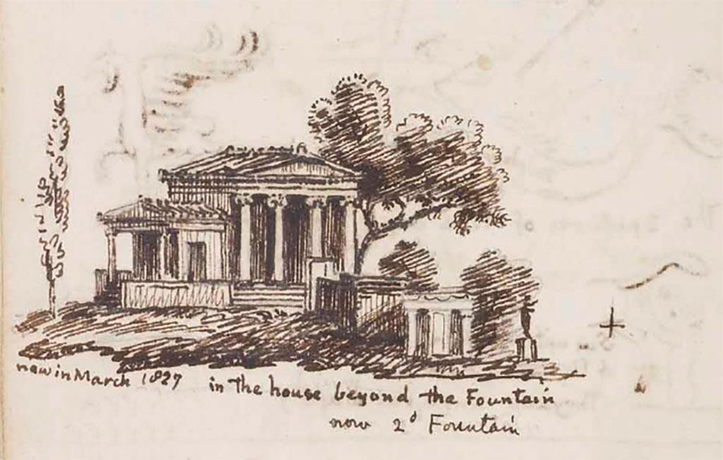 VI.8.23 Pompeii. New in March 1827. Drawing by Gell from house beyond the fountain, now 2nd Fountain.
See Gell, W. Sketchbook of Pompeii, c.1830. 
See book from Van Der Poel Campanian Collection on Getty website http://hdl.handle.net/10020/2002m16b425
