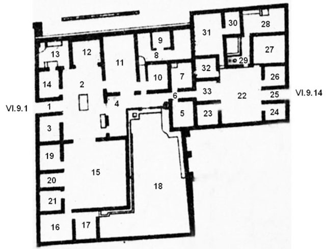 VI.9.1/14 Pompeii. Casa del Duca di Aumale or Casa d’Iside ed Io 

or Hospitium Gabinianus or of Gabinius.
Combined Room Plan