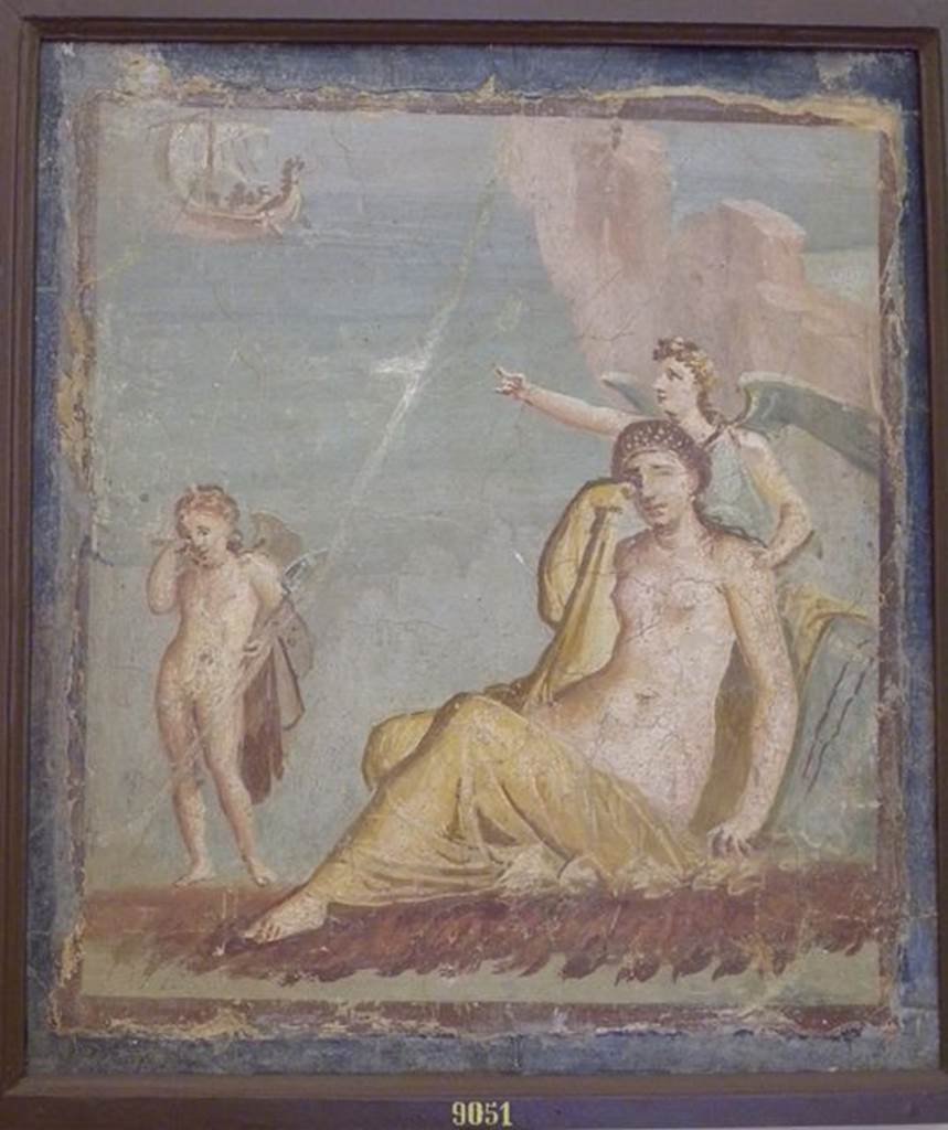 VI.9.2 Pompeii. Found in January 1830. Peristyle 16, west wall. Wall painting of the abandoned Ariadne weeping while a winged cupid points to the ship of Theseus in the distance. Now in Naples Archaeological Museum. Inventory number 9051. See Helbig, W., 1868. Wandgemälde der vom Vesuv verschütteten Städte Campaniens. Leipzig: Breitkopf und Härtel. (1227).