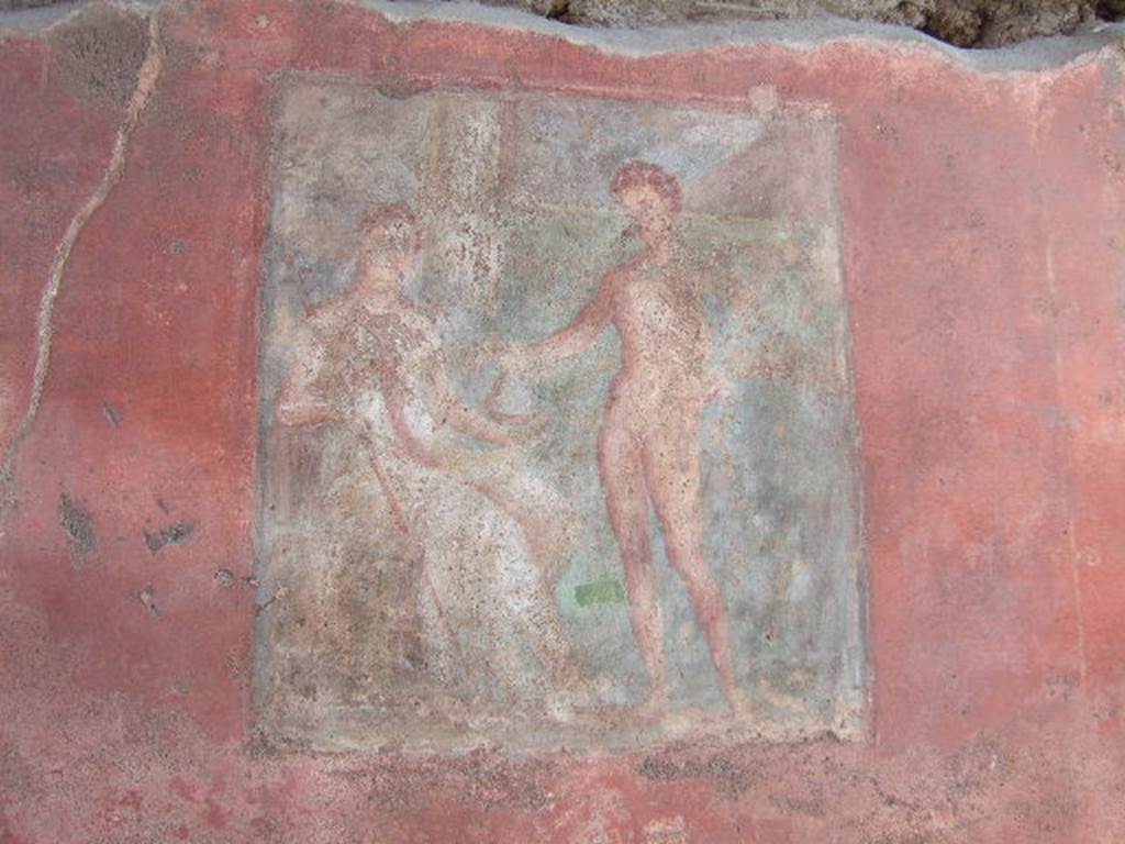 VI.9.2 Pompeii.   September 2004.  South side of entrance corridor 1. Helbig and Schefold identify the wall painting as Demeter and Hermes. Winsor Leach states “Mercury looks complicitously at the viewer as he drops a fat purse into the outstretched hand of Ceres, seated with her torch by her side”.  See Helbig, W., 1868. Wandgemälde der vom Vesuv verschütteten Städte Campaniens. Leipzig: Breitkopf und Härtel. (362)  See Schefold, K., 1962. Vergessenes Pompeji. Bern: Francke. (T. 169,2).  See Winsor Leach, E., 2004.  The Social Life of Painting in Ancient Rome and on the Bay of Naples. Cambridge UK: Cambridge UP.