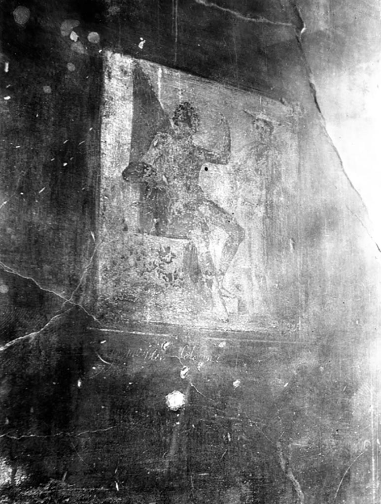 VI.9.2 Pompeii. W.447. Wall painting of Meleager and Atalanta, from the north wall of entrance corridor 1.
Photo by Tatiana Warscher. Photo © Deutsches Archäologisches Institut, Abteilung Rom, Arkiv. 
