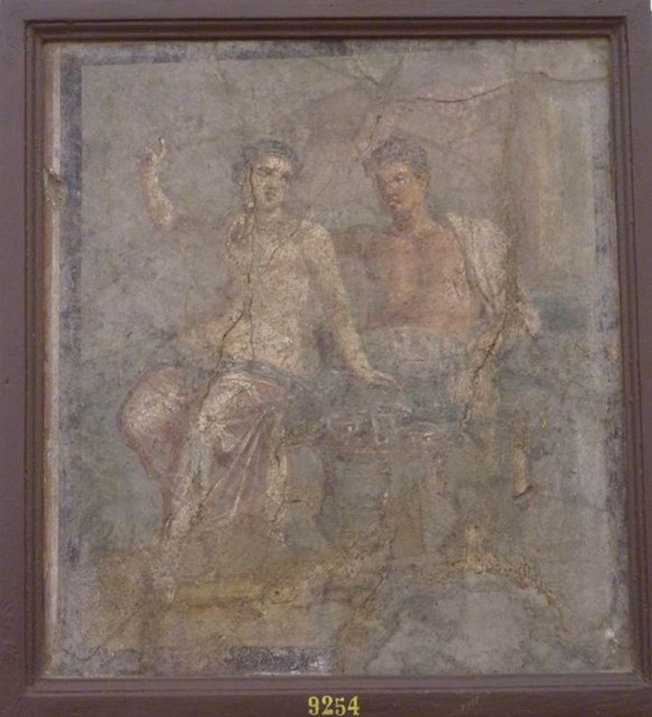 VI.9.2 Pompeii. 22nd September 1829. Room 12, west wall of cubiculum on south side of atrium. Wall painting of a couple at a banquet seated on a triclinium with a round table on which are glasses.Now in Naples Archaeological Museum. Inventory number 9254. See Helbig, W., 1868. Wandgemlde der vom Vesuv verschtteten Stdte Campaniens. Leipzig: Breitkopf und Hrtel. (1448b).
