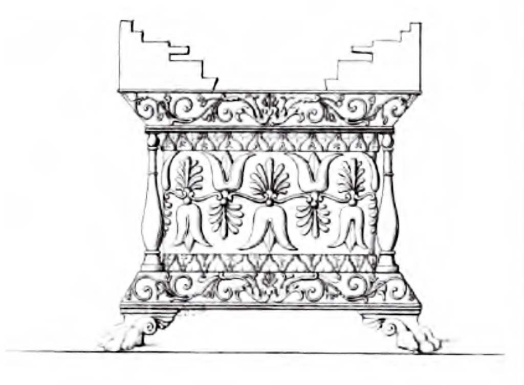 VI.9.2 Pompeii. About 1834. Room 15, triclinium. West wall with niche recess. 
Sketch of small bronze altar finely decorated with Damascene inlay in silver.
See Boyce G. K., 1937. Corpus of the Lararia of Pompeii. Rome: MAAR 14. (p.16).
See Real Museo Borbonico XI (Pl:44).

