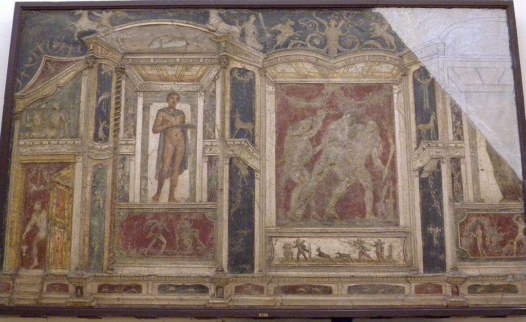 VI.9.2 Pompeii. Found 30th October 1829 in room 8, tablinum from the top of north wall. Stucco relief decoration. 
Now in Naples Archaeological Museum. Inventory number 9596.
