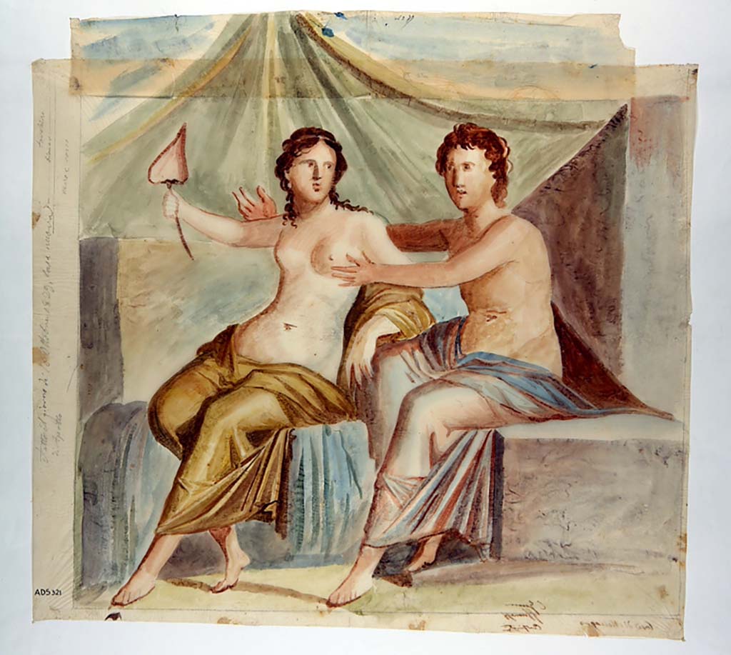 VI.9.2 Pompeii. Painting by Giuseppe Marsigli, 16th October 1829, of a couple (Mars and Venus?) allocated as being found in the kitchen, room 38.
Now in Naples Archaeological Museum. Inventory number ADS 321.
Photo  ICCD. http://www.catalogo.beniculturali.it
Utilizzabili alle condizioni della licenza Attribuzione - Non commerciale - Condividi allo stesso modo 2.5 Italia (CC BY-NC-SA 2.5 IT)
This is a copy of the painting now in Naples Archaeological Museum, inv.no. 9250. (Helbig 314). 
