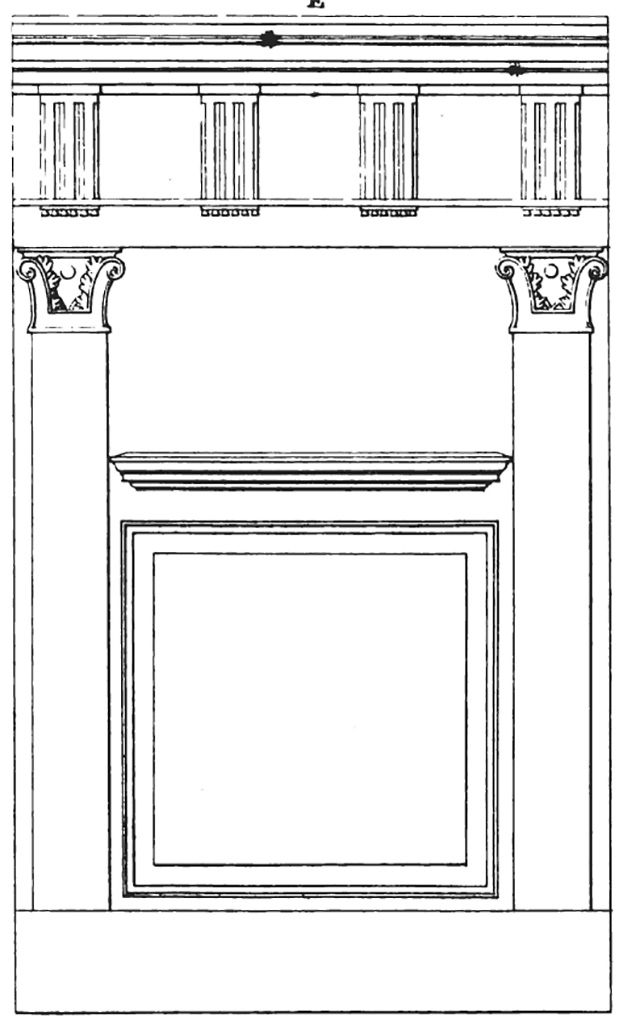 VI.9.5 Pompeii. Triclinium 32. Drawing of the wall with orthostats marked by pilasters and surmounted by a Doric frieze.
The first style stucco cladding was painted with various colours of marble.
The zoccolo decoration is not shown.
See Carratelli, G. P., 1990-2003. Pompei: Pitture e Mosaici: Vol. IV. Roma: Istituto della enciclopedia italiana, p. 859.
See Real Museo Borbonico VI, 1830, Tav A.B.

