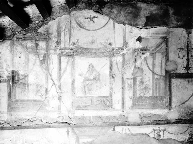 VI.9.6 Pompeii. 1891. Room 16, seems to correspond with north wall to right of alcove?, but also on west wall, (see above). 
Watercolour of gold candelabra with winged base, floral design with birds and tambourines and urn at the top.
DAIR 83.89. Photo © Deutsches Archäologisches Institut, Abteilung Rom, Arkiv. 
