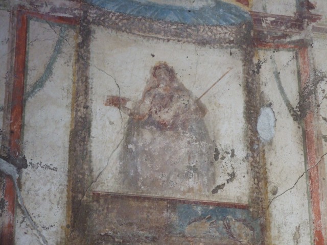 VI.9.6 Pompeii. March 2009. Room 16, painted figure on west wall. 