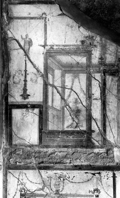 VI.9.6 Pompeii. March 2009. Room 16, dado and painted niche or recess at west end of north wall. 