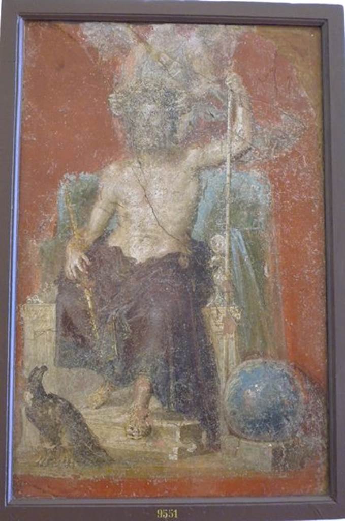 VI.9.6 Pompeii.  Found on 18th June 1828.  Room 3.  Atrium.  Wall painting of Zeus or Giove sitting, with his attributes including the eagle and the globe.  Now in Naples Archaeological Museum.  Inventory number 9551.