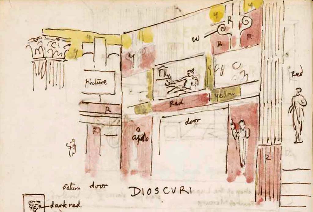 VI.9.6 Pompeii. c.1830. Room 4, area on south side of atrium, leading to peristyle., a drawing by Gell from his sketchbook.
See Gell, W. Sketchbook of Pompeii, c.1830. 
See book from Van Der Poel Campanian Collection on Getty website http://hdl.handle.net/10020/2002m16b425

