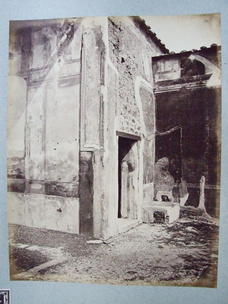 This is shown on the Fox collection list  as “the corner of Tablinum showing entrance to fauces”.  The entrance is in fact a room on the right of the Tablinum with a window to the garden, (our room 8).  Old undated photograph courtesy of the Society of Antiquaries, Fox Collection.
