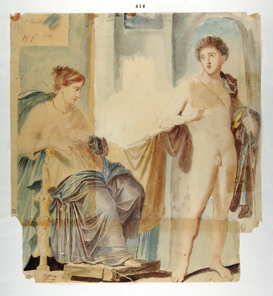 VI.9.6 Pompeii. 1828 copy of wall painting of Phaedra, the nurse (Averne/Averna?) and Hippolytus by G. Marsigli. 
From south wall of pseudo-peristyle near to doorway to room 22.
Now in Naples Archaeological Museum. Inventory number ADS 353.
Photo © ICCD. https://www.catalogo.beniculturali.it
Utilizzabili alle condizioni della licenza Attribuzione - Non commerciale - Condividi allo stesso modo 2.5 Italia (CC BY-NC-SA 2.5 IT)

