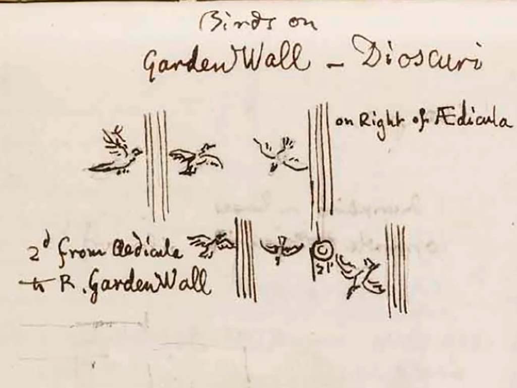 VI.9.6 Pompeii. c.1830. Drawing by Gell of birds on garden wall.
See Gell, W. Sketchbook of Pompeii, c.1830. 
See book from Van Der Poel Campanian Collection on Getty website http://hdl.handle.net/10020/2002m16b425
