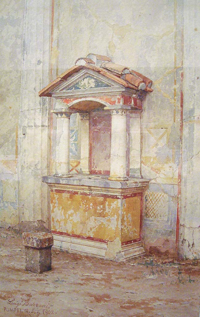 VI.9.6 Pompeii. 18th July 1902. Watercolour by Luigi Bazzani.
Room 17, aedicula lararium against east wall of garden area, showing original painted decoration, now lost.
Now in Naples Archaeological Museum. Inventory number 139417.

