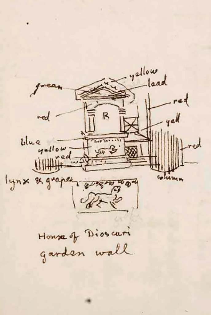 VI.9.6 Pompeii. C.1830. Drawing by Gell with description of garden wall, near aedicula.
See Gell, W. Sketchbook of Pompeii, c.1830. 
See book from Van Der Poel Campanian Collection on Getty website http://hdl.handle.net/10020/2002m16b425

