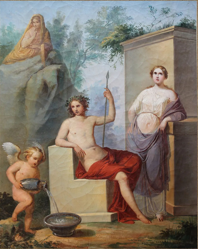 VI.9.6 Pompeii. Painting by Gennaro Maldarelli, said to be of Adonis, from the south wall of the triclinium.