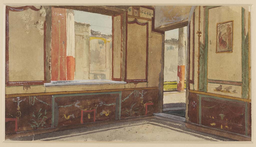 VI.9.6 Pompeii. Undated watercolour by Luigi Bazzani.
Room 21, looking towards east wall with window, and south wall with doorway to Corridor 10.
Photo © Victoria and Albert Museum. Inventory number 2042-1900.
