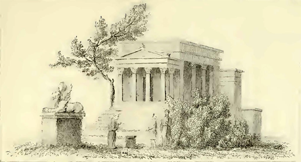 VI.9.6 Pompeii. 1832. Room 21, drawing by Gell of sacred landscape with temple on podium, possibly from west end of south wall.
See Gell, W, 1832.  Pompeiana: Vol 2.  London: Jennings and Chaplin, p. 120, pl. XLIX.
