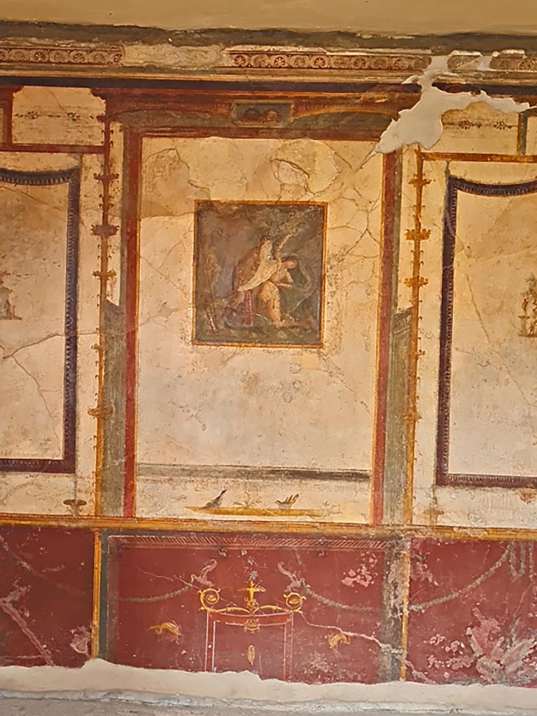 VI.9.6 Pompeii. November 2023. Room 21, central panel on west wall. Photo courtesy of Giuseppe Ciaramella.
