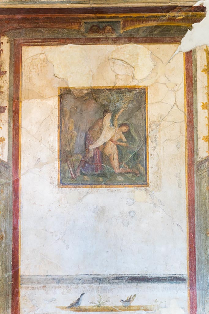VI.9.6 Pompeii. January 2023. 
Room 21, central panel on west wall with painting of Apollo and Daphne. Photo courtesy of Johannes Eber.

