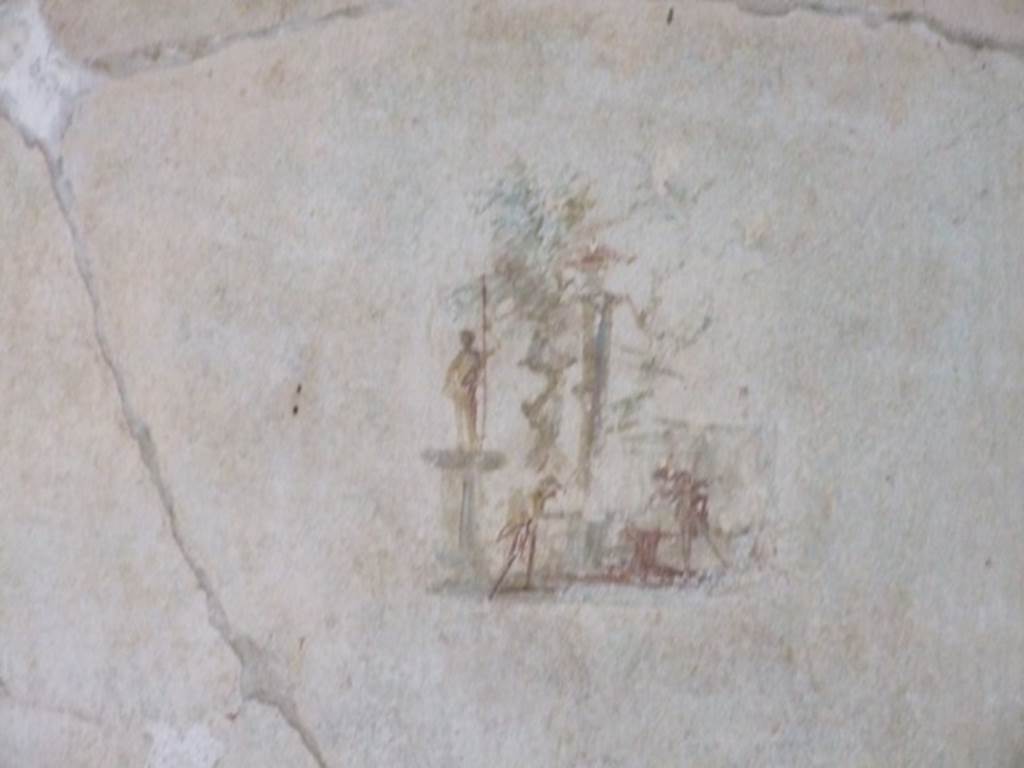 VI.9.6 Pompeii. March 2009. Room 21, painting on north panel of west wall of three figures, one on a column.