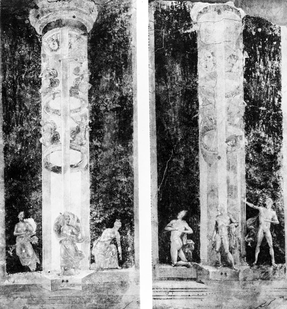 VI.9.6 Pompeii. W.236. Room 6, these paintings would have been seen on the interior piers at the western end of the peristyle.
Photo by Tatiana Warscher. Photo © Deutsches Archäologisches Institut, Abteilung Rom, Arkiv. 
