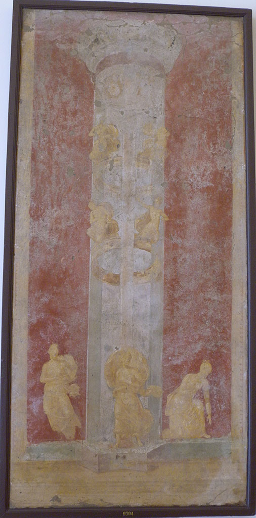 VI.9.6 Pompeii. Found on 18th June 1828 in room 6, the peristyle. 
Wall painting of slaughter of the daughters of Niobe.
On the interior piers (east facing) at the western end of the peristyle were a painted pair of gold coloured candelabra shaped as Delphic tripods. Encircling their tiered shafts were figures enacting the slaughter of the Niobids: the female victims on one side, the young men on the other.
Now in Naples Archaeological Museum. Inventory number 9304.
See Helbig, W., 1868. Wandgemälde der vom Vesuv verschütteten Städte Campaniens. Leipzig: Breitkopf und Härtel. (1154).
