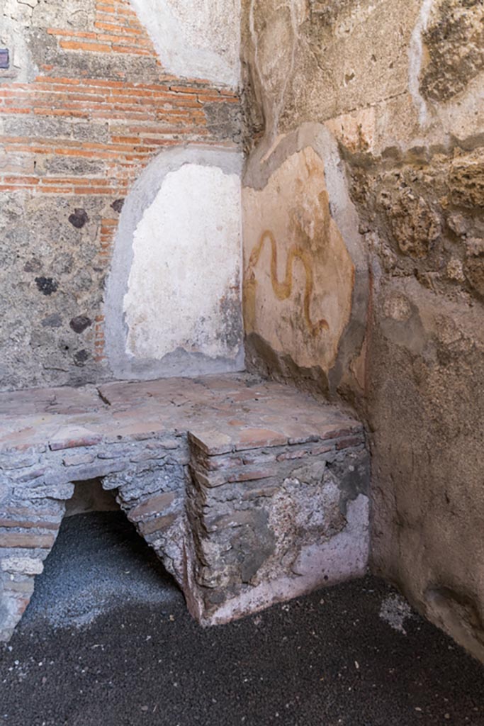 VI.9.7 Pompeii. January 2023. 
Room 4, north-west corner with hearth and painted lararium on the north wall of the kitchen.
Photo courtesy of Johannes Eber.
