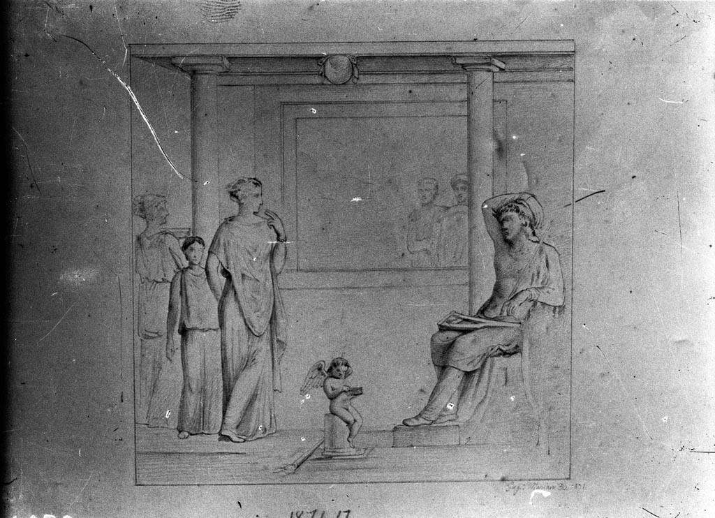 VI.10.2 Pompeii. W.152. Drawing of wall painting of Helen and Paris.
The painting was found in the oecus and is now in the Naples Archaeological Museum, inventory number 9002.
Photo by Tatiana Warscher. Photo © Deutsches Archäologisches Institut, Abteilung Rom, Arkiv. 
