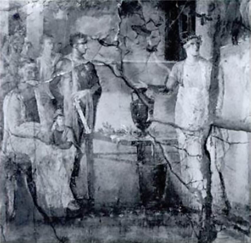 VI.10.2 Pompeii. Wall painting of Aeneas consulting Anio or the Vaticinio di Cassandra..
The painting was also found in the oecus.
Now in Naples Archaeological Museum.  Inventory number 8999.
According to PAH, this is Aeneas consulting Anio, the King of Ortigia, accompanied by Anchises and the little Ascanius.
See PAH II, p. 219, March 1829.
According to Coarelli and Pesando, this is Cassandra prophesising the fall of Troy.
Priam is sitting, with the young Paris leaning on his thigh. Hector is next to them, holding a dagger that is resting on a table.
Cassandra is on the right of the picture, with her hand outstretched.
See similar paintings in I.2.28 and VI.3.7.
See Coarelli F. and Pesando F. et al, 2006. Rileggere Pompei: l’insula 10 della regione VI.  Roma: L’Erma di Bretschneider. p. 60-1, tav XVII.
