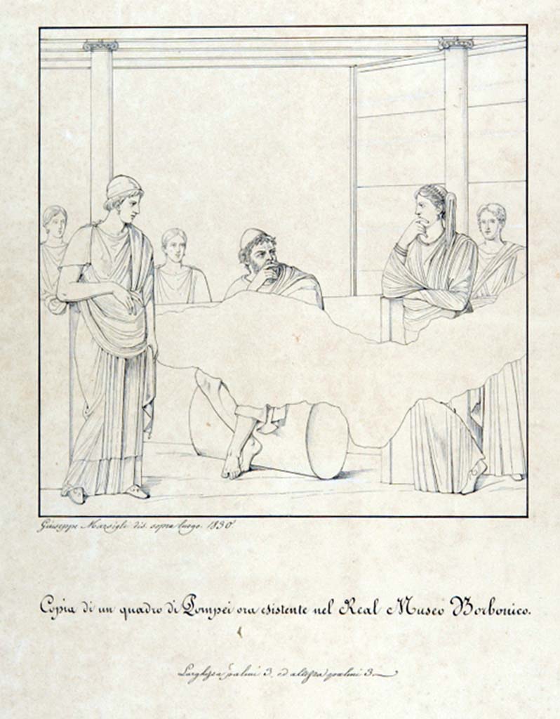 VI.10.2 Pompeii. Drawing by Giuseppe Marsigli, 1830, of a copy of a painting now existing in Real Museo Borbonico, showing Ulysses and Penelope, from the oecus.
Now in Naples Archaeological Museum. Inventory number ADS 363.
Photo © ICCD. http://www.catalogo.beniculturali.it
Utilizzabili alle condizioni della licenza Attribuzione - Non commerciale - Condividi allo stesso modo 2.5 Italia (CC BY-NC-SA 2.5 IT)
This painting was detached from the wall in May 1829, and taken to the museum, inventory number 9107.
