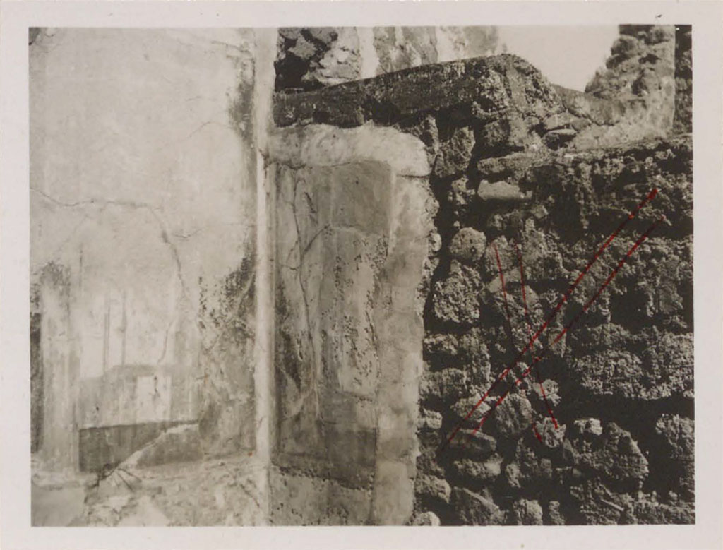 VI.10.2 Pompeii. Pre-1942. Looking towards north-east corner of second room on left of peristyle.
According to Warscher, “X” marks the spot where the painting of Perseus and Andromeda was removed from the east wall.
See Warscher, T. 1942. Catalogo illustrato degli affreschi del Museo Nazionale di Napoli. Sala LXXIX. Vol.1. Rome, Swedish Institute
