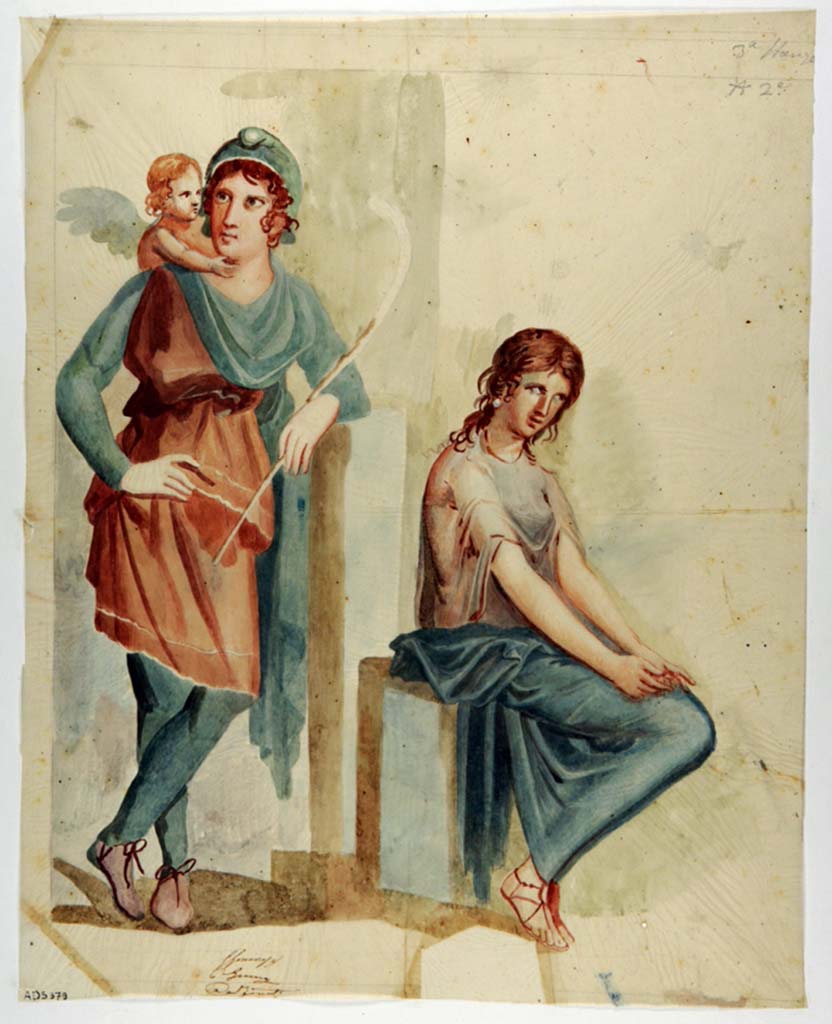 VI.11.10 Pompeii. Room 29.
Painting by Giuseppe Marsigli, of painting of Paris and Helen from centre of north wall of cubiculum which was left in situ.
Now in Naples Archaeological Museum. Inventory number ADS 379.
Photo  ICCD. https://www.catalogo.beniculturali.it
Utilizzabili alle condizioni della licenza Attribuzione - Non commerciale - Condividi allo stesso modo 2.5 Italia (CC BY-NC-SA 2.5 IT)


