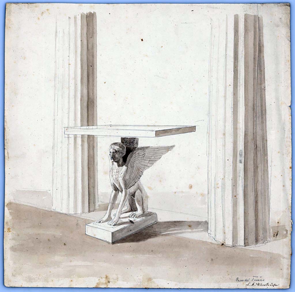 VI.12.2 Pompeii. 1849. Drawing by Laurits Albert Winstrup showing marble table with support in the form of a sphinx, in situ.
Photo © Danmarks Kunstbibliotek, inventory number ark_6079.

