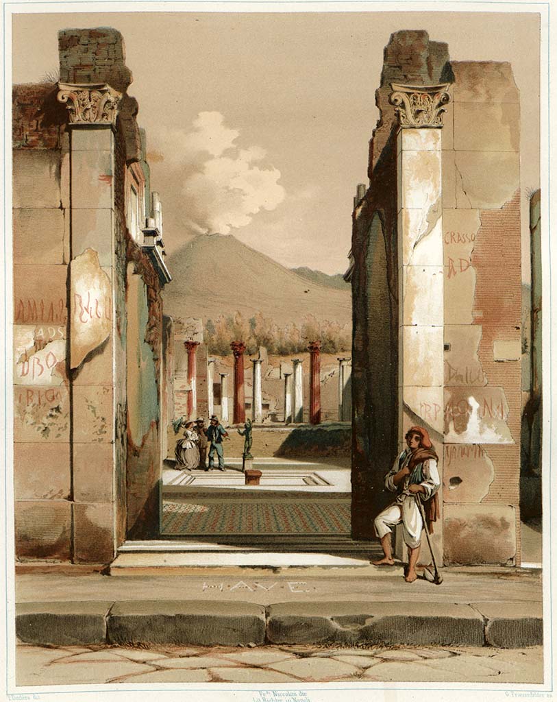 VI.12.2 Pompeii. Painting by T. Duclère showing entrance doorway and remaining graffiti.
See Niccolini F, 1854. Le case ed i monumenti di Pompei: Volume Primo. Napoli, Casa detta del Fauno, Tav. IX.
