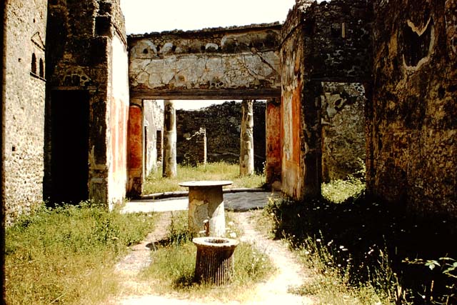 VI.14.40 Pompeii. Looking west from rear, across area on cork model in Naples Archaeological Museum. Note the large triclinium, on the right, (north side) with the painted decoration. According to Boyce, on the south side of the peristyle beside the doorway to the kitchen, was found a fragmentary lararium painting, of which only the left side was preserved. A yellow serpent with red crest coiled above a flaming altar.
The entire painting was originally framed by an aedicula painted in red, within which were green garlands with red flowers stretched across the top and hanging down the sides. See Boyce G. K., 1937. Corpus of the Lararia of Pompeii. Rome: MAAR 14. (p.54, no.208). See Sogliano, A., 1879. Le pitture murali campane scoverte negli anni 1867-79. Napoli: (p.18, no.57, he described it as damaged on the right extremity). 
See Giacobello, F., 2008. Larari Pompeiani: Iconografia e culto dei Lari in ambito domestico.  Milano: LED Edizioni. (p.180)
