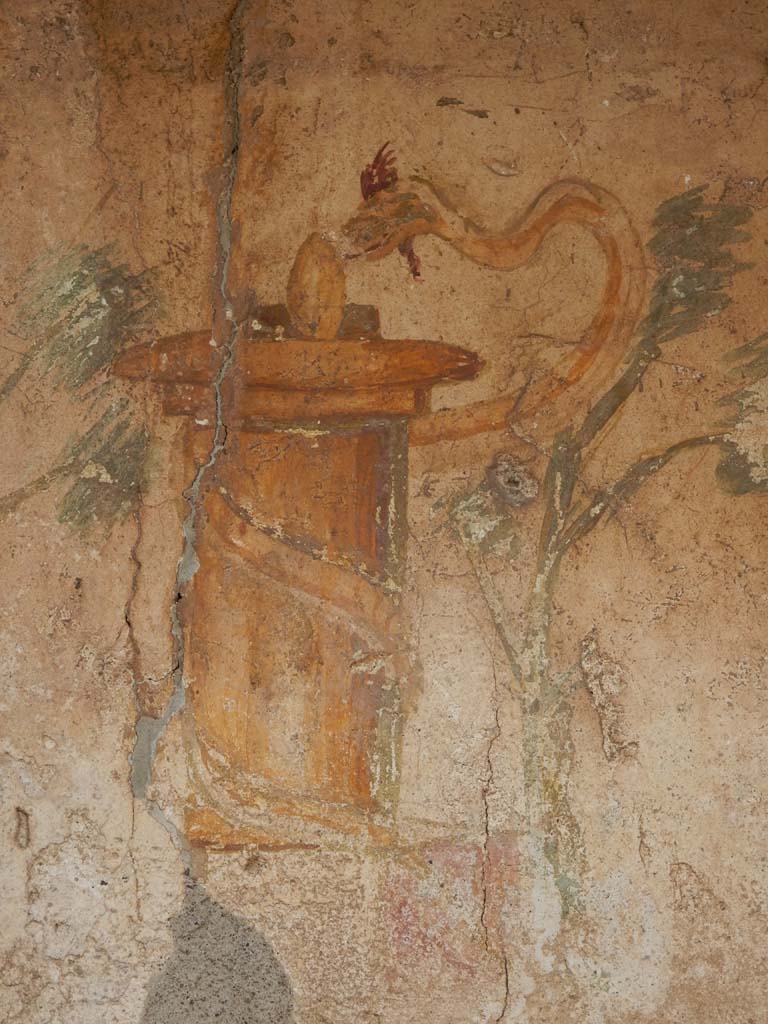 VI.14.43 Pompeii. June 2019. Detail of painted altar with plants and serpent. Photo courtesy of Buzz Ferebee. 

