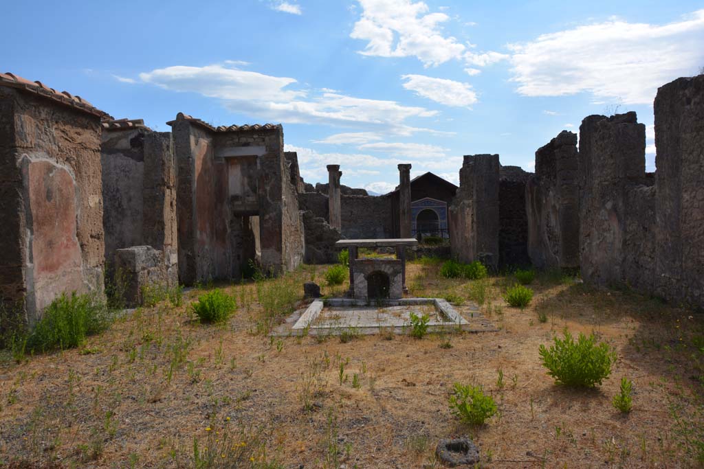 VI.14.43 Pompeii. May 2015. Room 1, looking east across atrium and tablinum, pseudoperistyle towards mosaic fountain in background. Photo courtesy of Buzz Ferebee.
