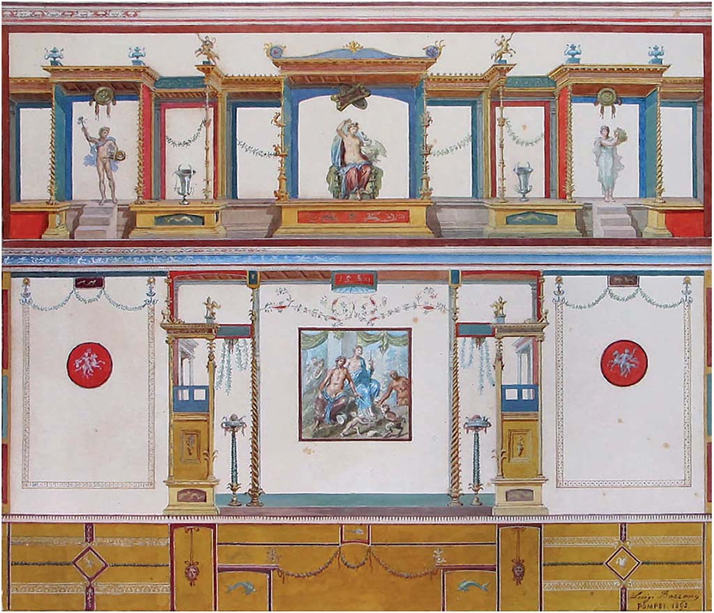 VI.15.1 Pompeii. 1895. Watercolour by Luigi Bazzani, showing south wall of oecus on south side of atrium.
Roma, Galleria nazionale d’arte moderna e contemporanea, inventory number 437.
