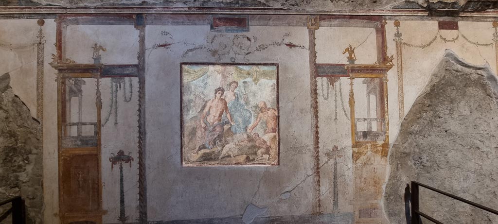 VI.15.1 Pompeii. January 2023. 
Looking towards south wall of oecus with central painting showing fight between Eros and Pan. Photo courtesy of Miriam Colomer.
