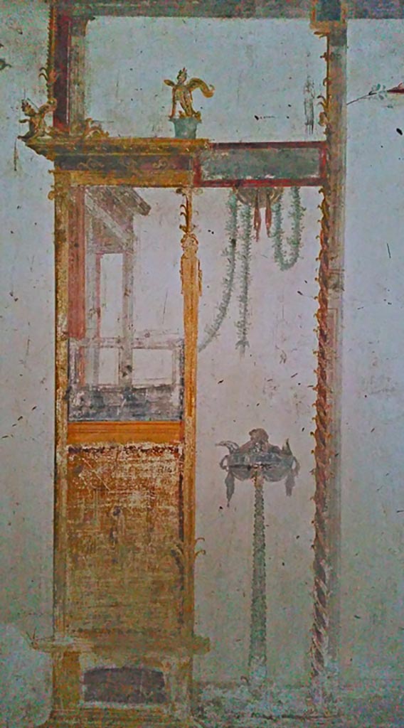 VI.15.1 Pompeii. December 2019. 
Detail from south wall of oecus, on east side of central painting.
Photo courtesy of Giuseppe Ciaramella.
