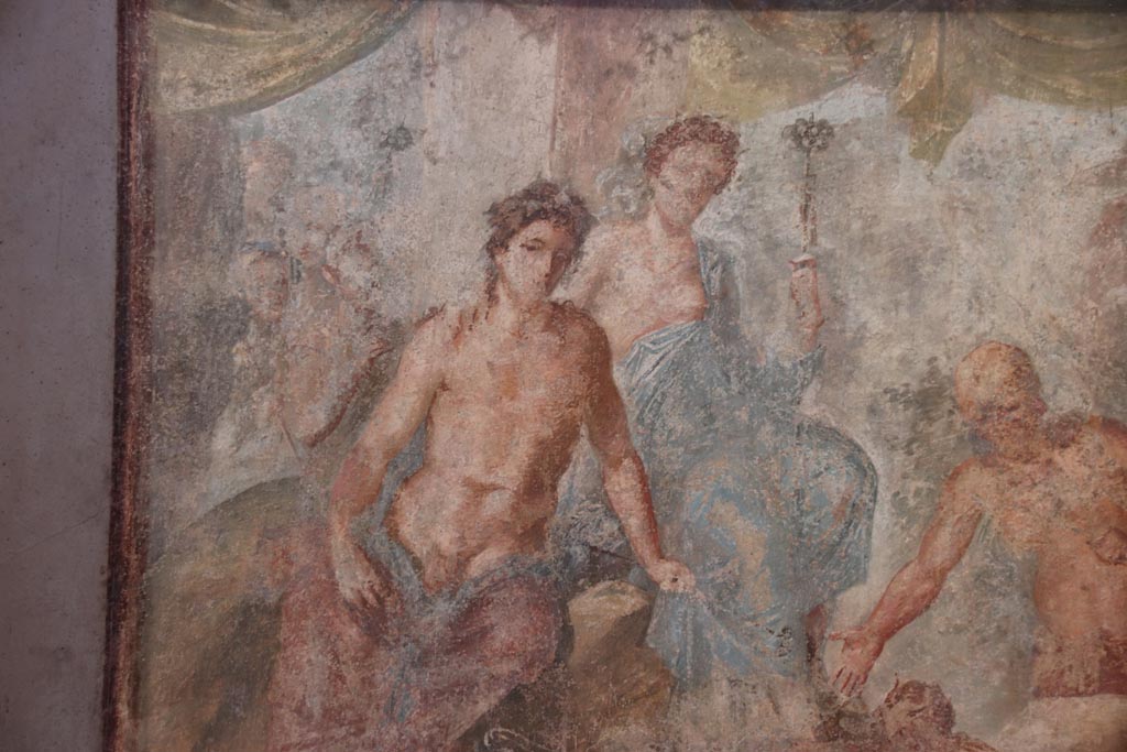 VI.15.1 Pompeii. October 2023. Detail of Bacchus and Ariadne, from central painting on south wall. Photo courtesy of Klaus Heese.