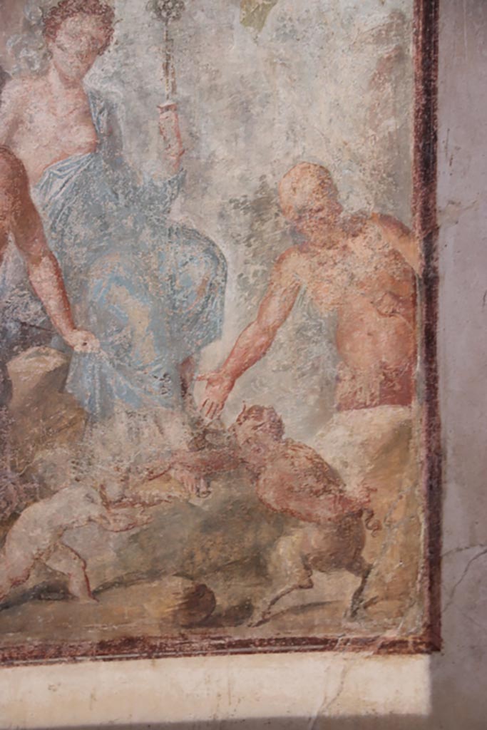 VI.15.1 Pompeii. October 2023. 
Detail from central painting on south wall showing the fight between Eros and Pan. 
Photo courtesy of Klaus Heese.
