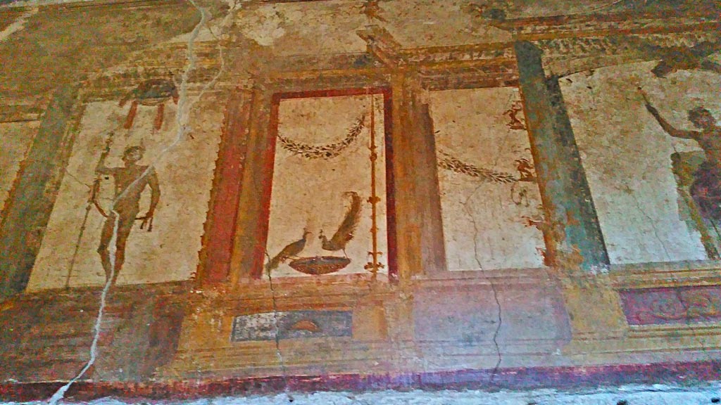 VI.15.1 Pompeii. December 2019. 
Detail from upper west wall at south end, in oecus on south side of atrium. Photo courtesy of Giuseppe Ciaramella.


