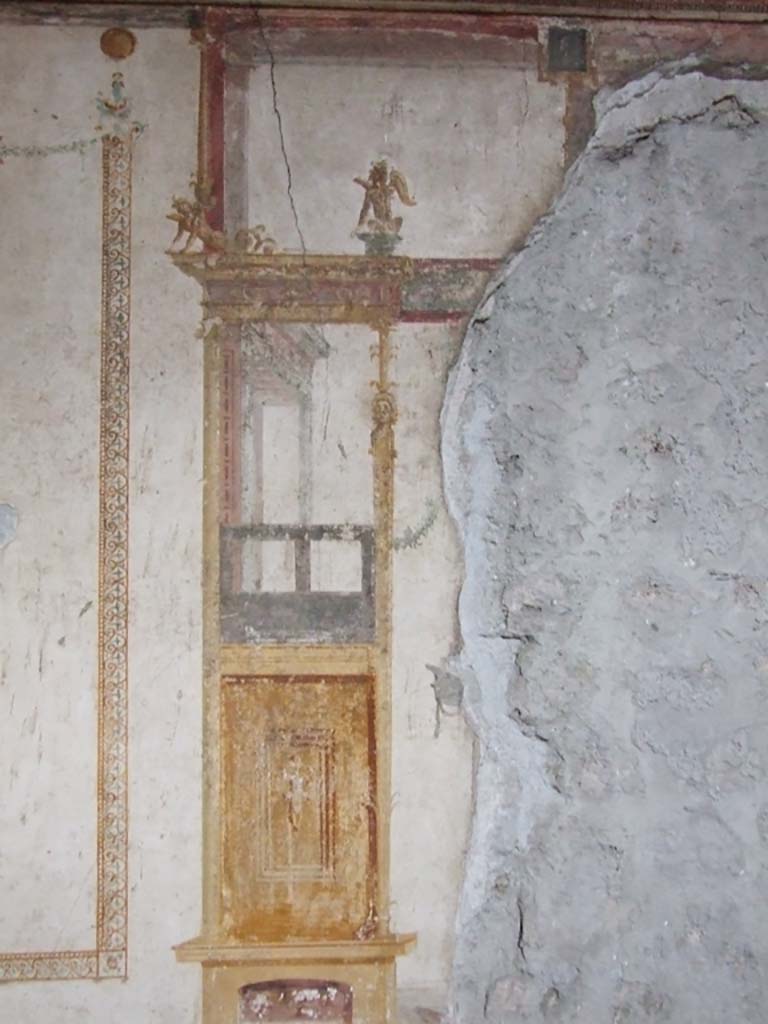 VI.15.1 Pompeii. December 2006. Detail of painting on wall in oecus on south side of atrium.
