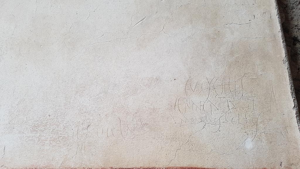 VI.15.1 Pompeii. August 2023. Detail of graffiti on left hand wall of vestibule. Photo courtesy of Maribel Velasco.

